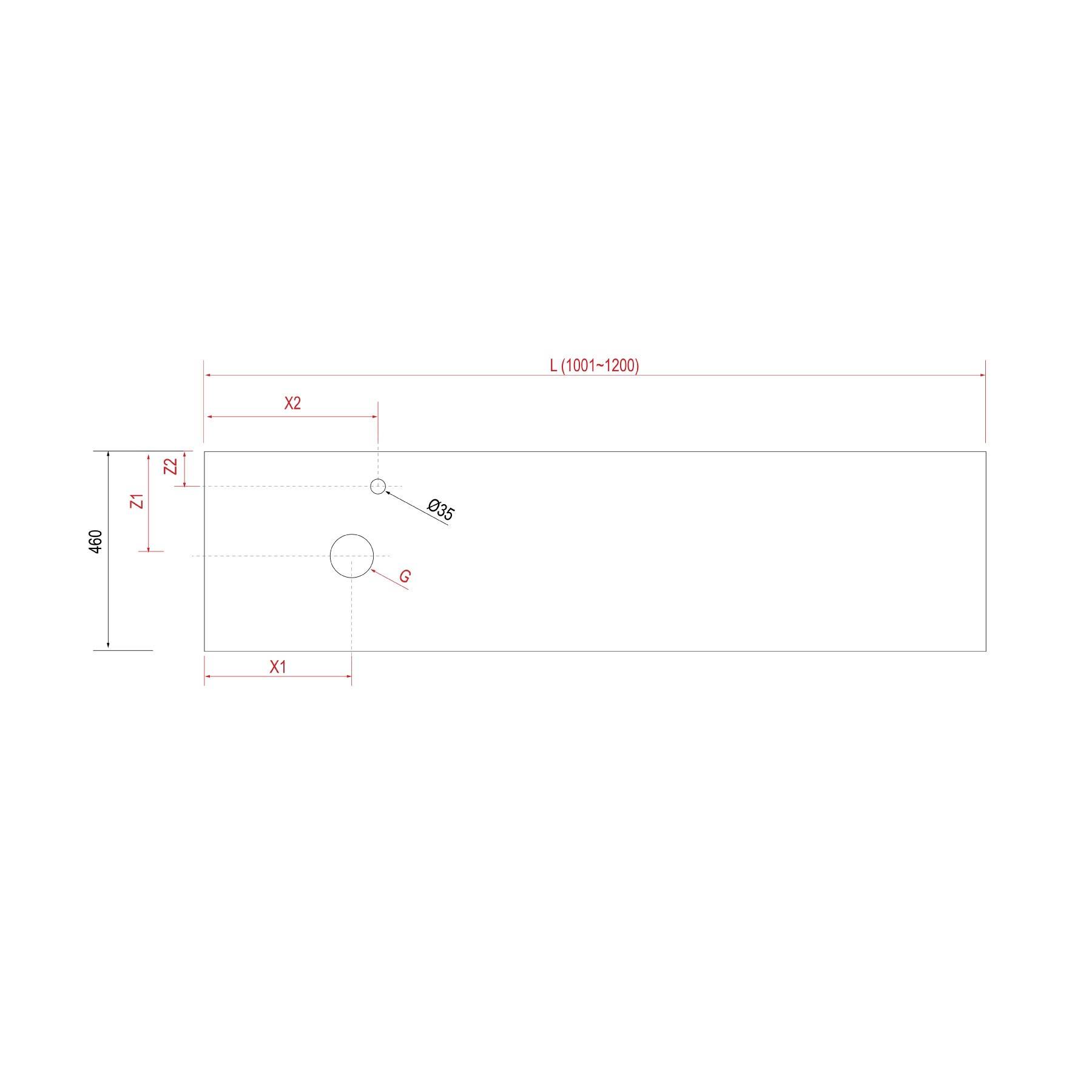 Technische Zeichnung mit einem rechteckigen Objekt und folgenden Beschriftungen: Länge 'L' (1001-1200), Höhe '450', Loch an Position 'X1', Position 'X2' und Lochdurchmesser 'Ø15'.