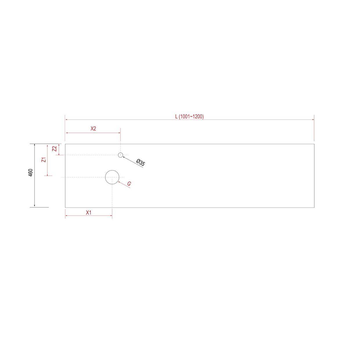 Technische Zeichnung eines rechteckigen Panels mit den Abmessungen L (1001-1200) und Höhe 460, mit zwei Bohrungen mit der Bezeichnung D25 und G, sowie Versätzen X1, X2, Z1, Z2.