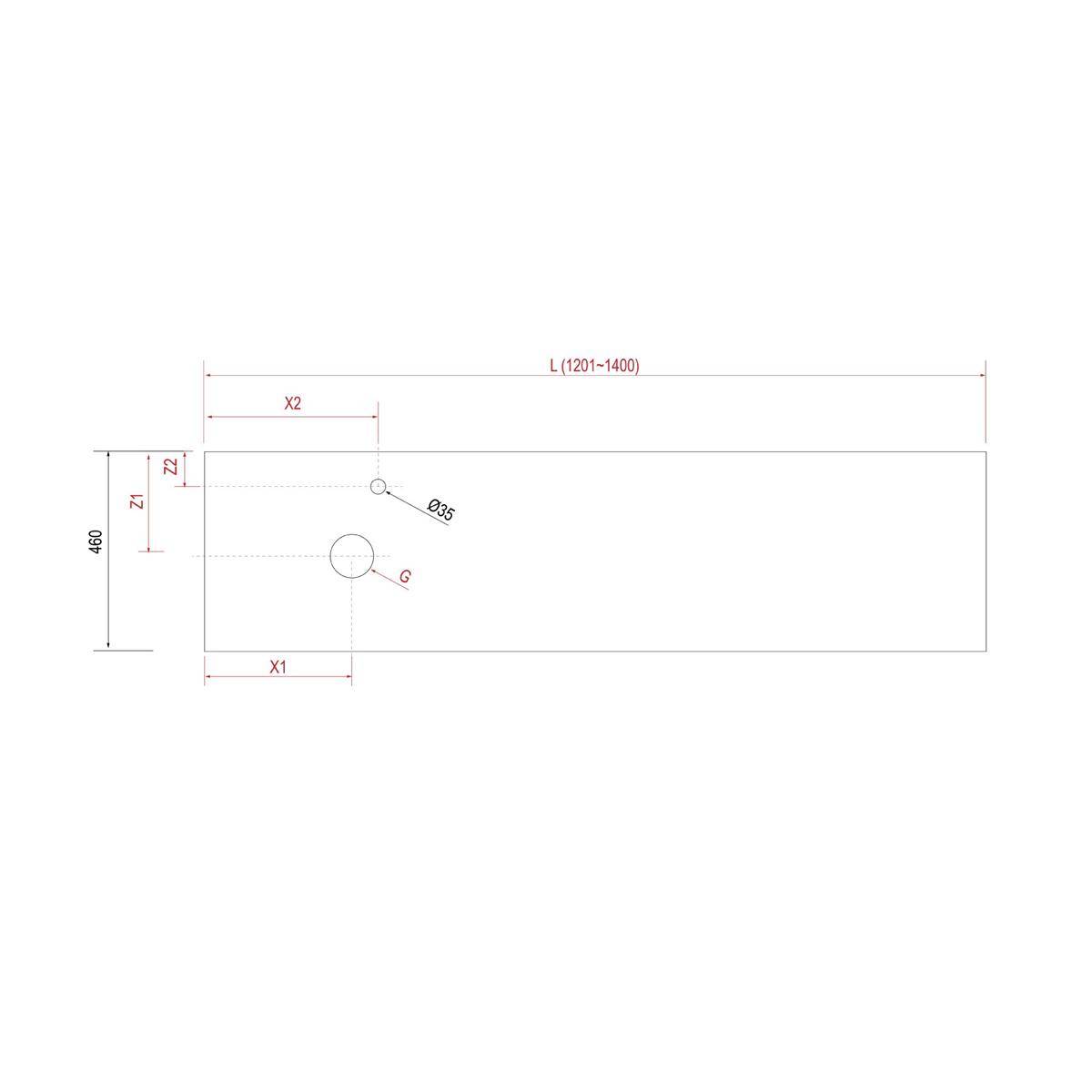 Technisches Diagramm eines rechteckigen Panels mit Abmessungen L (1201-1400), Höhe 460, X1, X2, Z1, Z2 und zwei kreisförmigen Löchern mit der Bezeichnung G und Ø35.