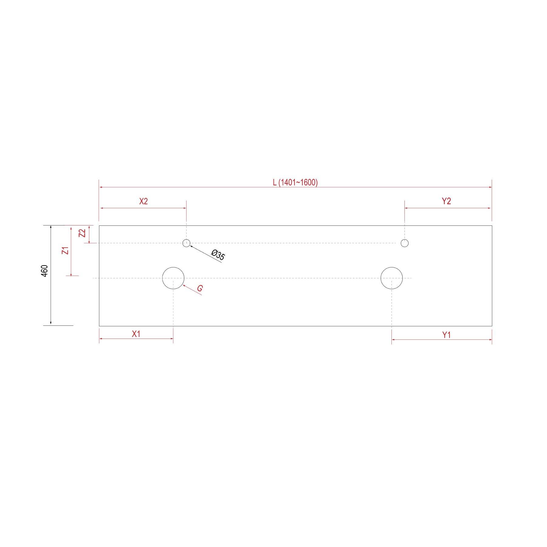 Technische Zeichnung eines Balkens mit beschrifteten Dimensionen X1, X2, Y1, Y2, Z1, Z2 und einem Längenbereich (L) von 401-1600. Enthält zwei Kreise.