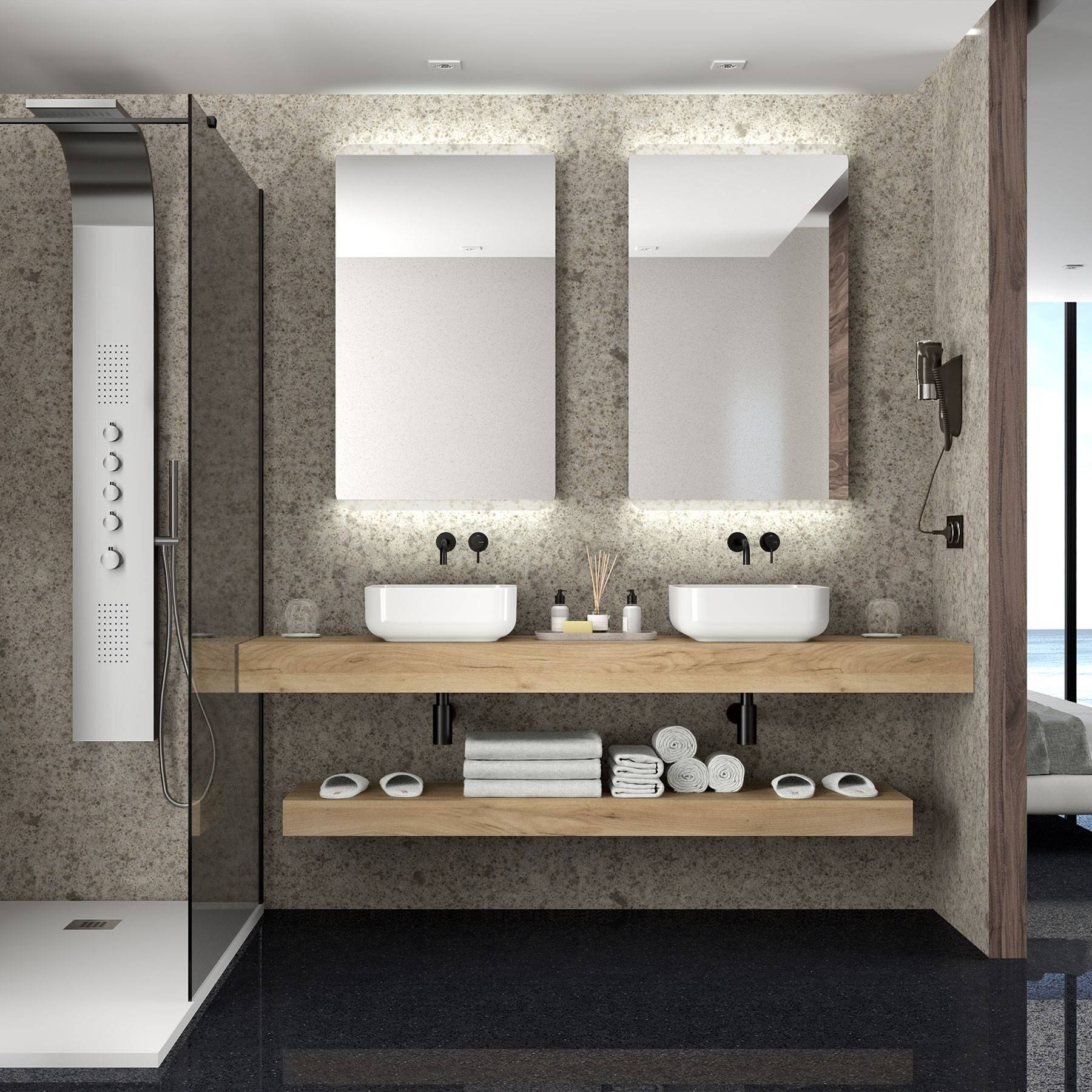 Modernes Badezimmer mit zwei Waschbecken, großen Spiegeln und einer eleganten Duschsäule auf der linken Seite. Natürliche Holzregale halten Toilettenartikel und Handtücher.