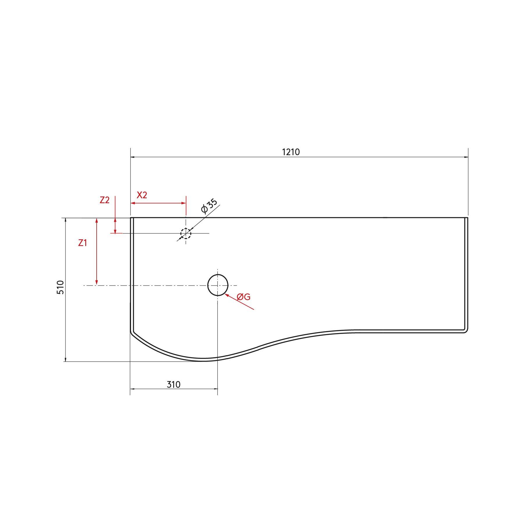 Technische Zeichnung eines Einbecken-Waschbeckens mit Abmessungen: 1210 mm Breite, 510 mm Höhe, 310 mm Sockelhöhe. Ausgestattet mit Bohrung für Wasserhahn.