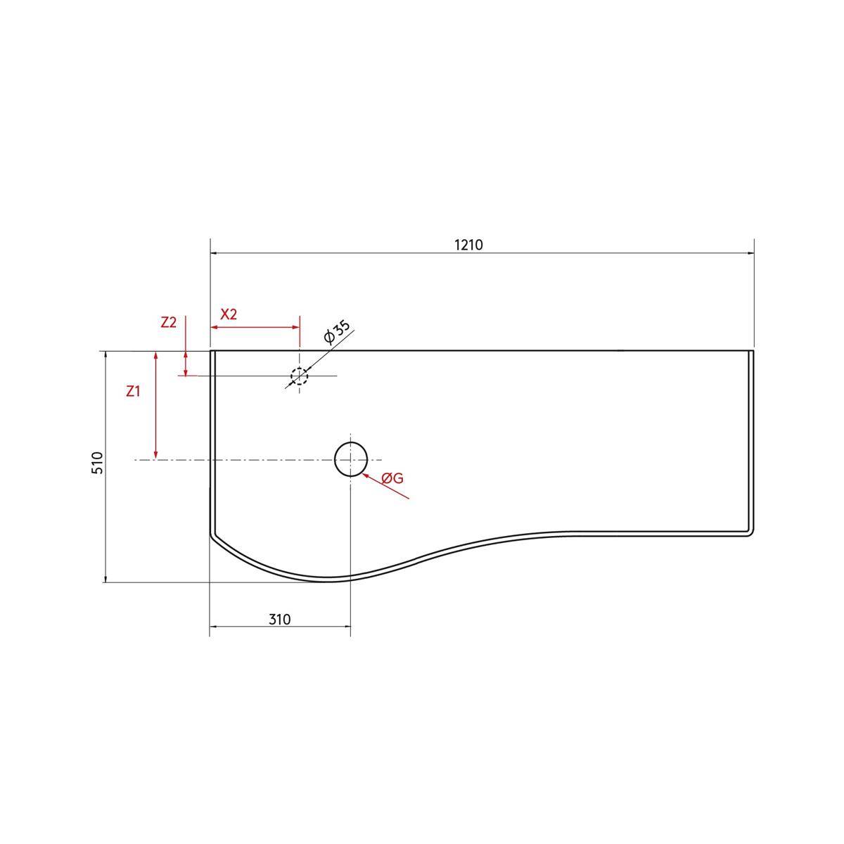 Technische Zeichnung eines rechteckigen Panels, 1210 mm breit und 510 mm hoch, mit einer abgerundeten unteren linken Kante und zwei kreisförmigen Löchern mit den Bezeichnungen „Ø35