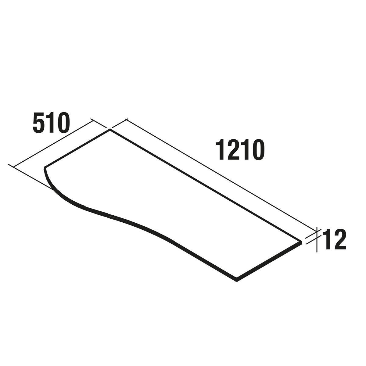 Maßstabszeichnung eines gekrümmten rechteckigen Panels, 1210 mm lang, 510 mm breit und 12 mm dick.