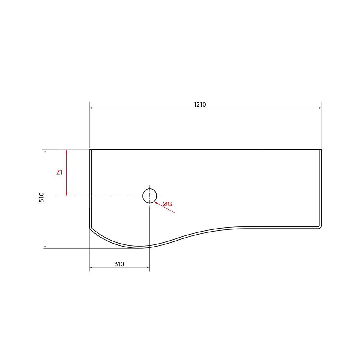 Technische Zeichnung eines rechteckigen Panels mit einer gekrümmten unteren linken Kante, einem kreisförmigen Loch und den beschrifteten Abmessungen 1210, 510, 310, Z1 und ØG.