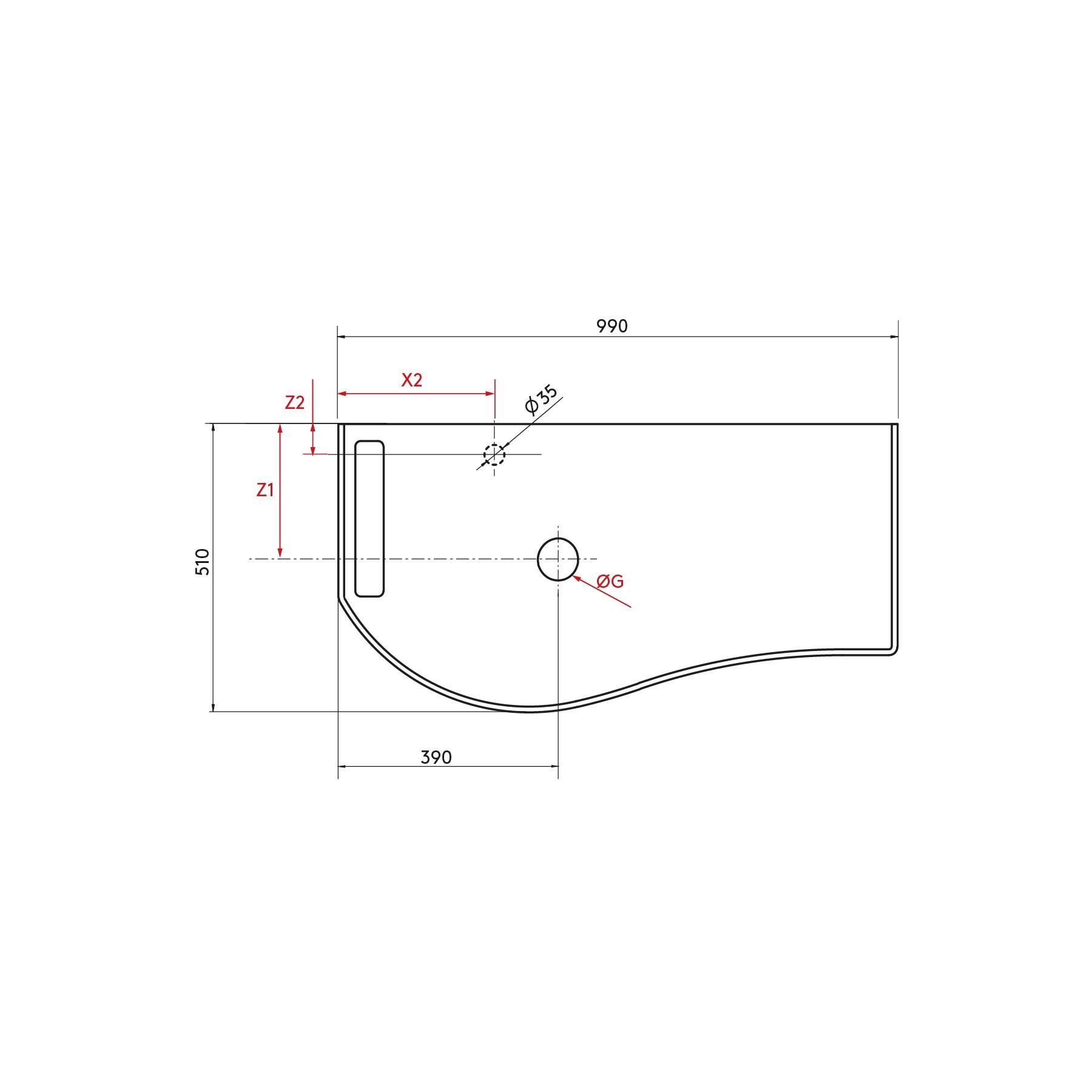 Technische Zeichnung einer Seitenansicht eines Waschbeckens mit Abmessungen, die eine Breite von 990 mm und eine Tiefe von 510 mm zeigt.