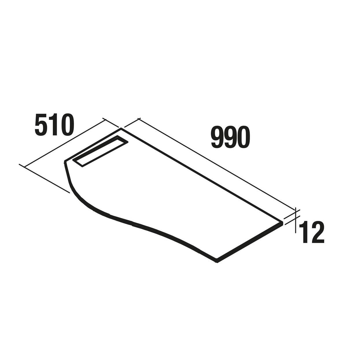 Maßstabzeichnung einer rechteckigen Matte mit einem abgerundeten Ende und einem Schlitz in der Nähe der oberen linken Ecke, beschriftet mit 510 mm Breite, 990 mm Länge und 12 mm Dicke.