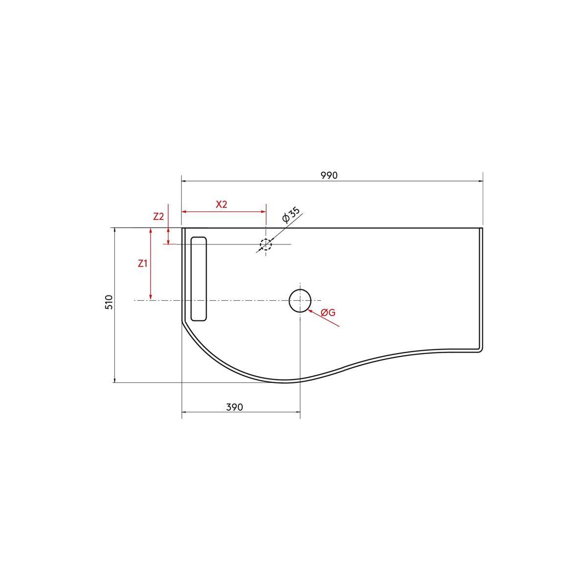 Technische Zeichnung eines Seitenprofilteils mit Abmessungen von 990 mm Breite und 510 mm Höhe, das zwei Löcher, einen Schlitz und gekennzeichnete Maße Z1, Z2, X2, Ø35 und ØG zeigt.