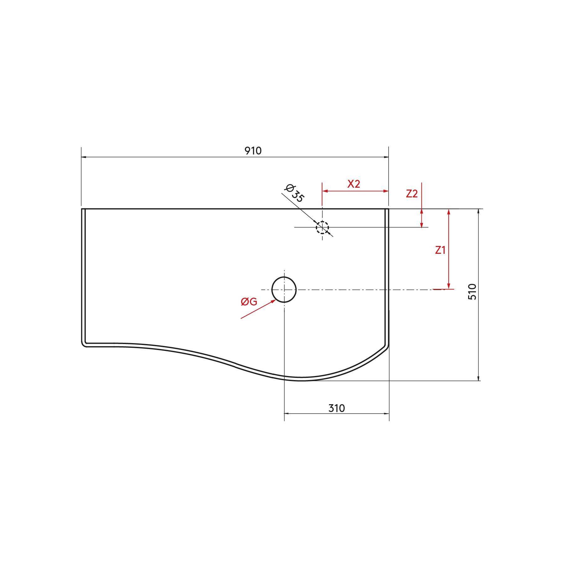 Vorderansicht-Diagramm eines rechteckigen Objekts mit einer gekrümmten Kante. Abmessungen sind: Länge 910 mm, Breite 510 mm. Verschiedene Maße gekennzeichnet.