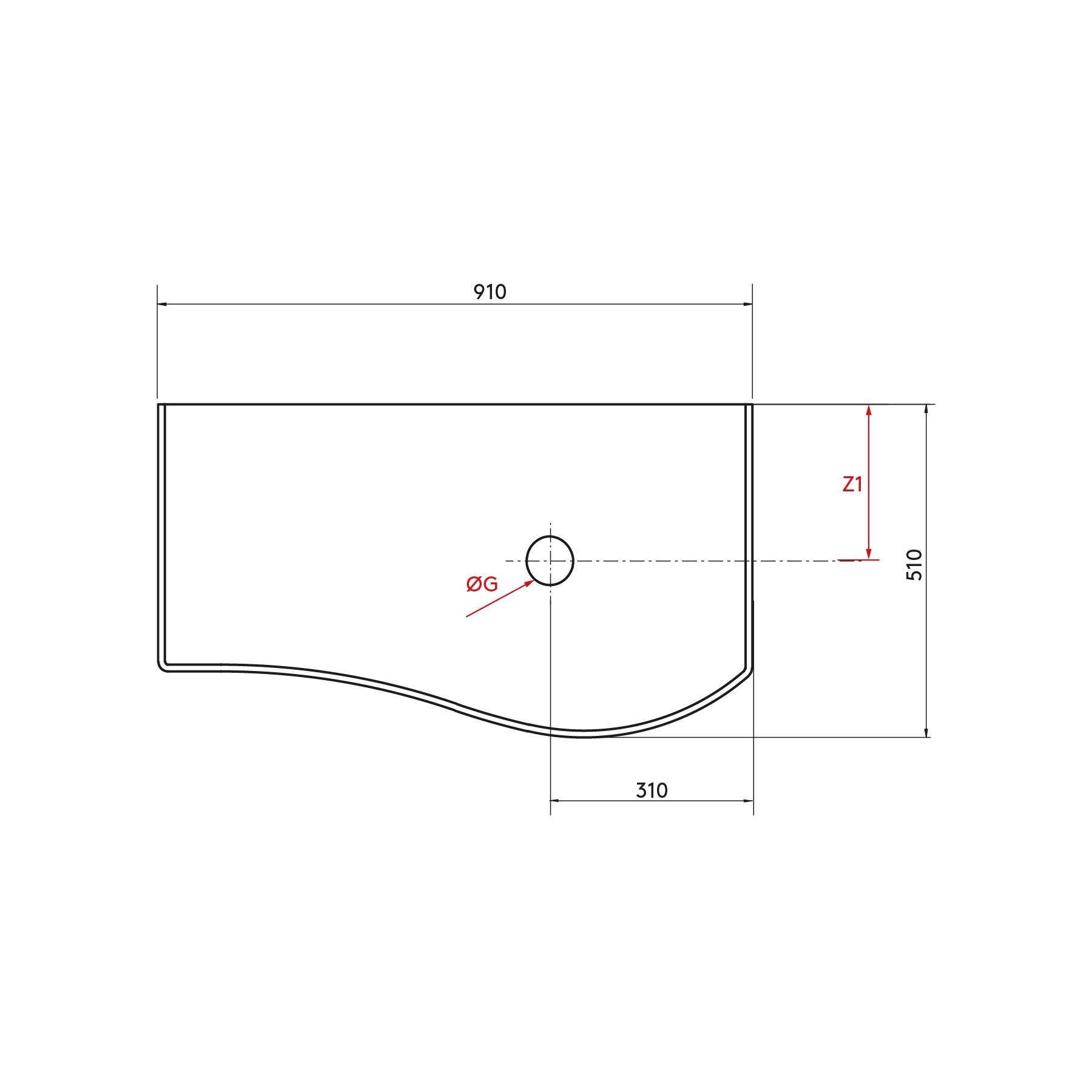 Eine technische Zeichnung eines Beckendesigns, die Abmessungen zeigt: 910 mm Breite, 510 mm Höhe und 310 mm Tiefe, mit einem Ablaufloch, gekennzeichnet als „ØG