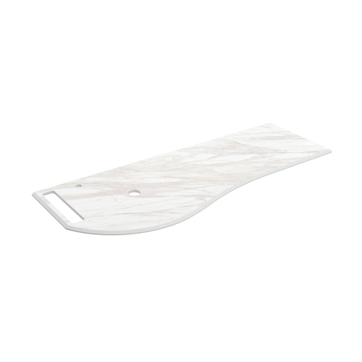Tablett mit Marmor-Optik in Weiß, rechteckig mit geschwungenem Ende, Griffschlitz und kleinem Ablaufloch auf einfachem Hintergrund.