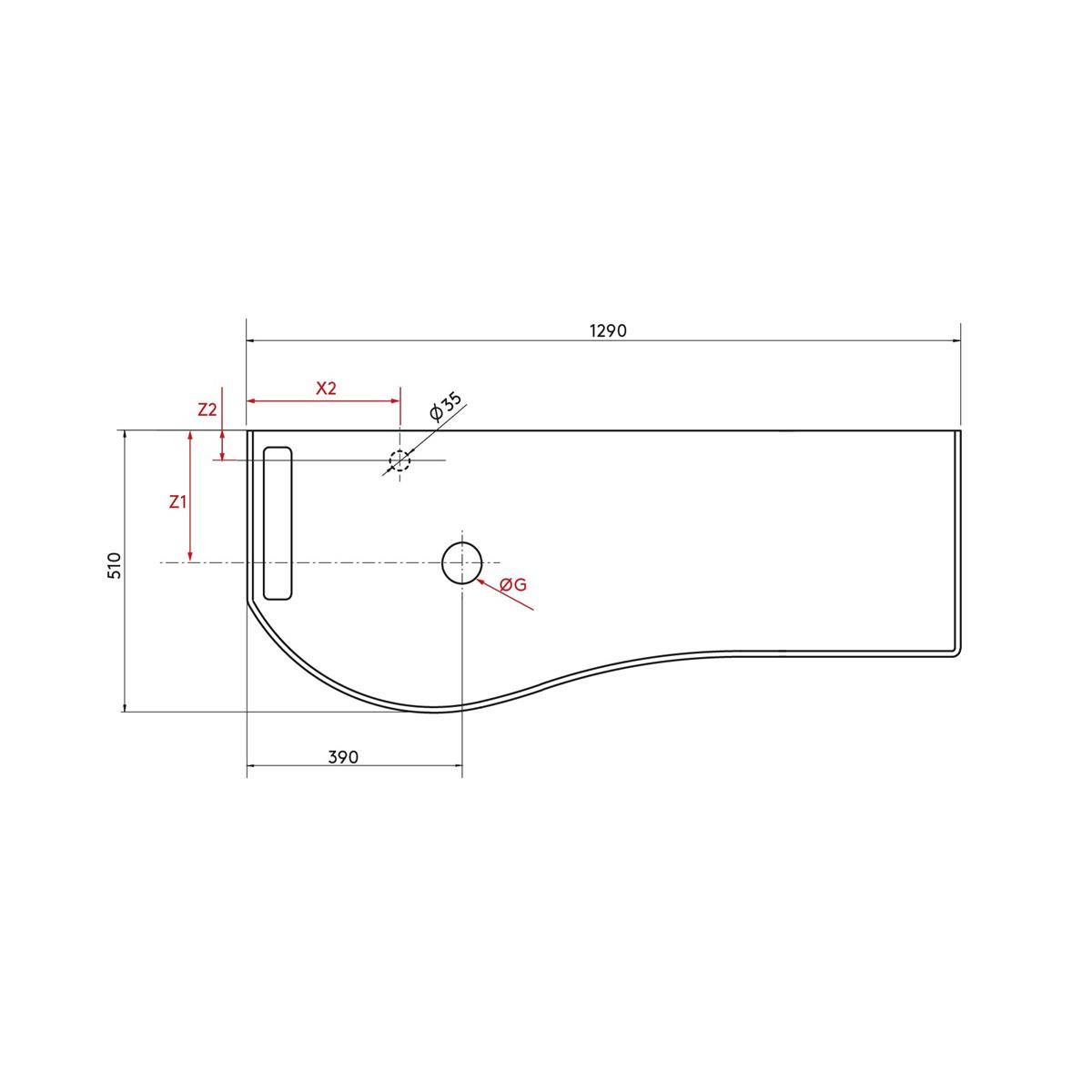 Technische Maßstabzeichnung eines rechteckigen Panels mit gekrümmter Unterkante, die Abmessungen 1290 und 510, Lochdurchmesser und gekennzeichnete Versätze X2, Z1 und Z2 zeigt.