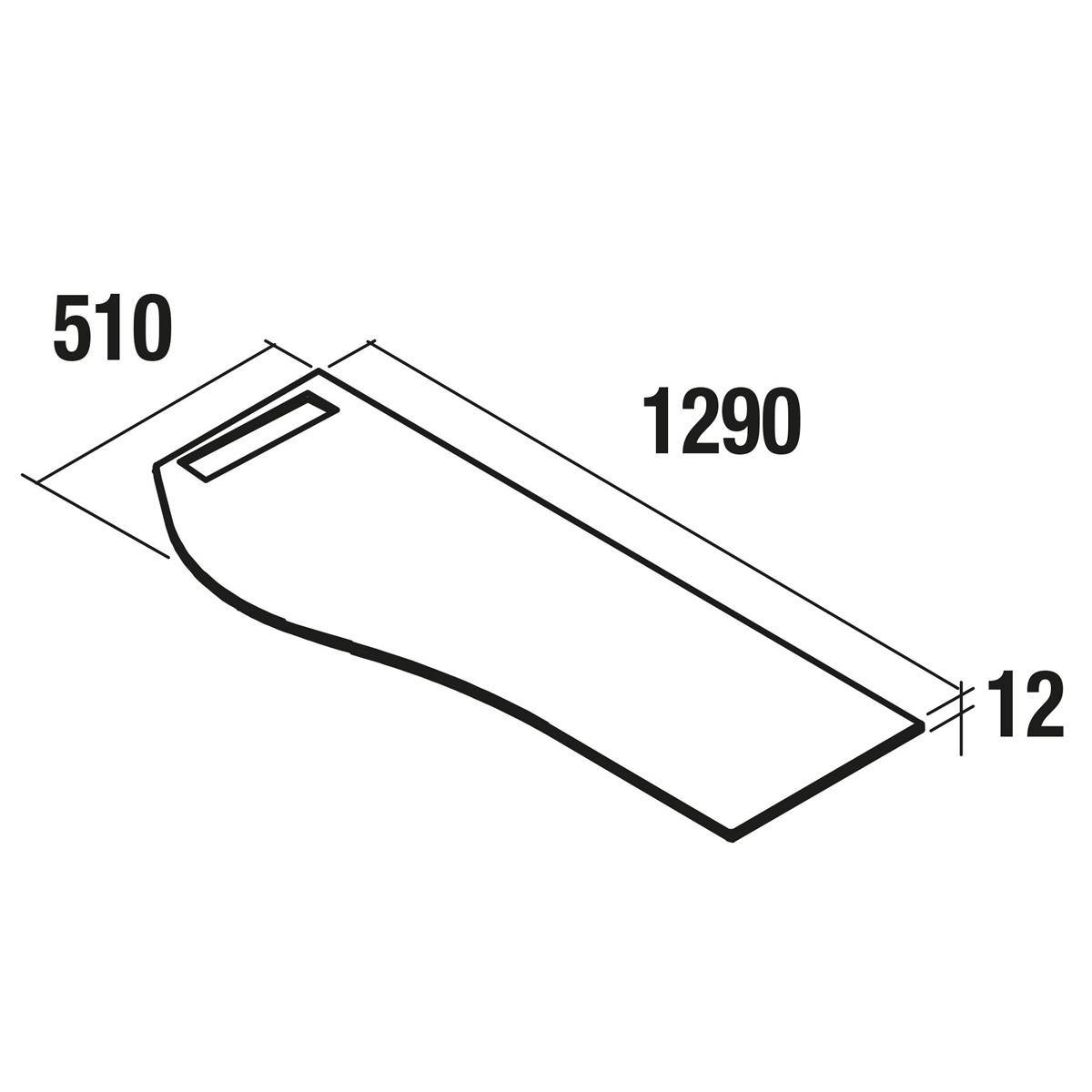 Maßstabzeichnung eines gekrümmten rechteckigen Panels mit den Bezeichnungen 1290 lang, 510 breit und 12 dick, mit einer kleinen Aussparung in der Nähe eines Endes.