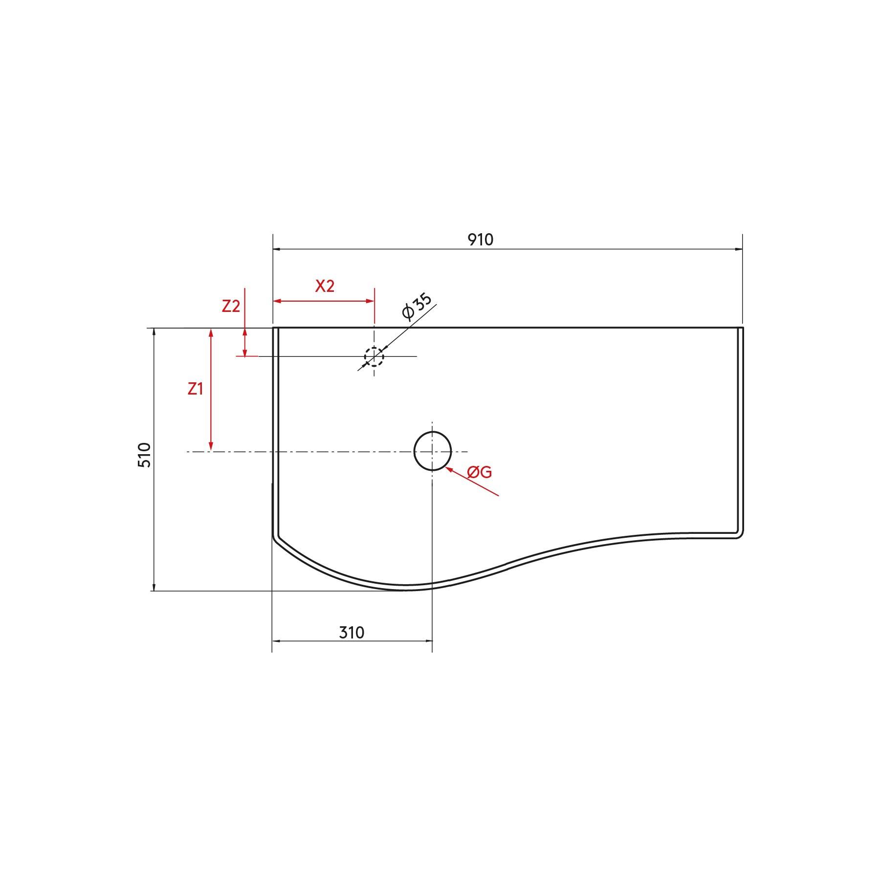 Skizze eines rechteckigen Beckens aus der Draufsicht mit Maßen: 910 mm Breite, 510 mm Höhe; mit Armaturloch und geschwungener Vorderkante.