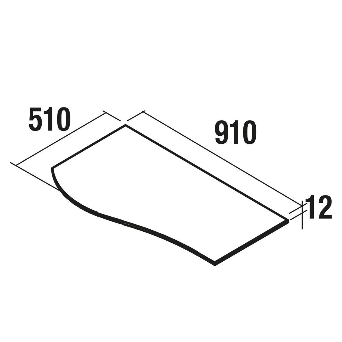Maßstabbild eines unregelmäßig gekrümmten Paneels, gekennzeichnet mit 510, 910 und 12 für Länge, Breite und Dicke.