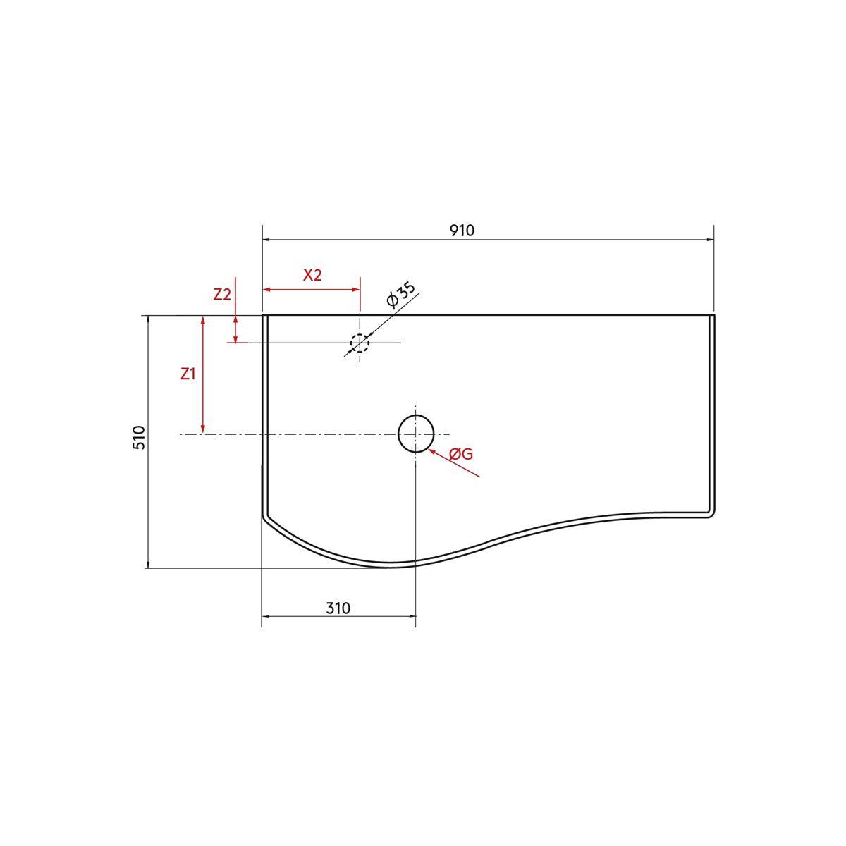 Maßstabgetreue technische Zeichnung eines rechteckigen Teils mit abgerundeter unterer Kante, mit 910 mm Breite, 510 mm Höhe und gekennzeichneten Lochpositionen (Ø35 und ØG).
