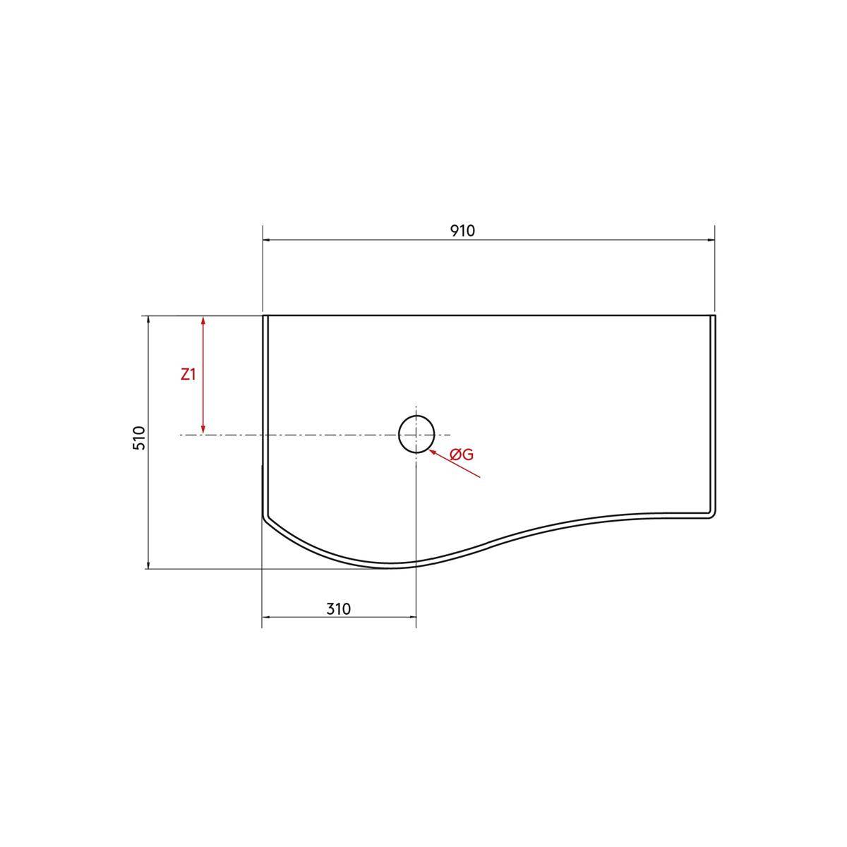 Technische Zeichnung eines rechteckigen Panels mit gekrümmter Unterkante, mit Abmessungen von 910 mm Breite und 510 mm Höhe, mit zentriertem Kreisloch und markierten Versätzen Z1 und ØG.