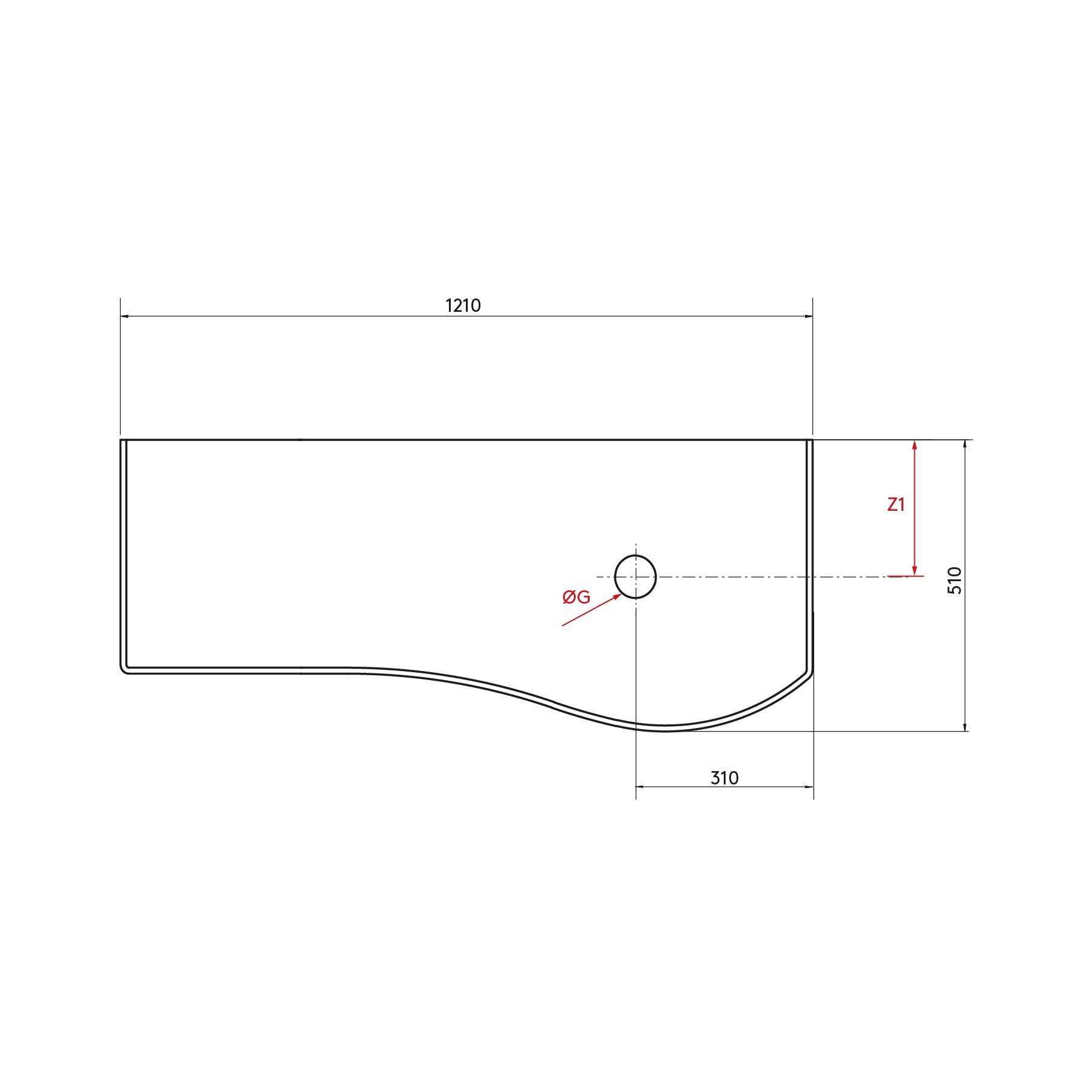 Technische Zeichnung eines rechteckigen Objekts mit einer gekrümmten Unterkante. Abmessungen sind 1210 Einheiten breit und 510 Einheiten hoch, mit einem Kreis, der in der unteren rechten Ecke mit 'ØG' beschriftet ist.