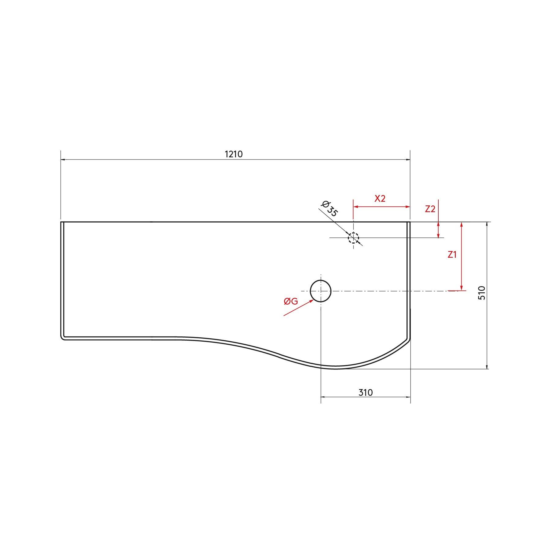 Linienzeichnung eines Objekts mit Abmessungen: 1210 mm Länge, 510 mm Höhe. Merkmale umfassen zwei kleine Abschnitte, die mit X2 und Z2 gekennzeichnet sind, und ein kreisförmiges Detail, das mit ØG beschriftet ist.