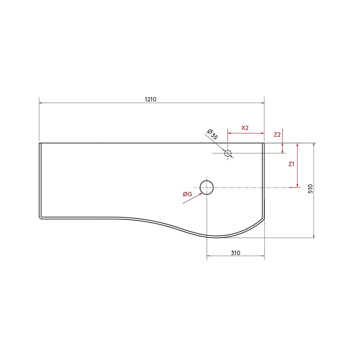 Technische Strichzeichnung eines Panels mit Abmessungen: 1210 mm breit und 510 mm hoch, mit gekrümmter unterer Kante, einem zentralen Loch und einem kleineren Loch oben rechts, gekennzeichnet mit X2, Z1, Z2 und Ø55.