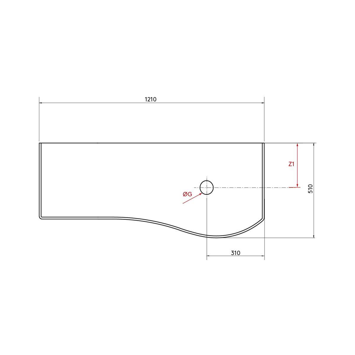 Technische Zeichnung eines rechteckigen Panels mit einer gekrümmten unteren Kante, mit einem kreisförmigen Loch in der Nähe der rechten Seite und Maßstabbezeichnungen 1210, 510, 310 und Z1.