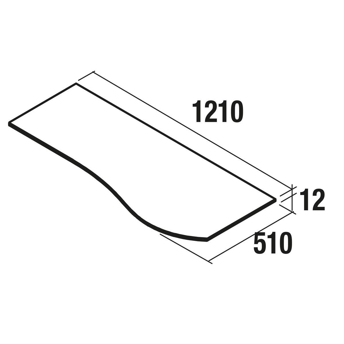 Diagramm eines langen gekrümmten rechteckigen Panels mit den beschrifteten Abmessungen 1210, 510 und 12.
