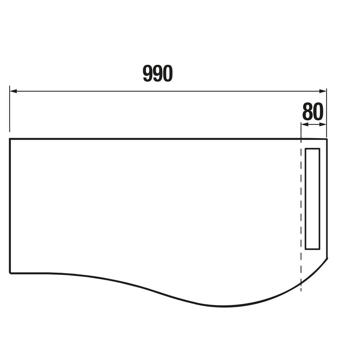 Technische Zeichnung eines rechteckigen Panels mit einer gekrümmten unteren Kante, beschriftet mit 990 breit und 80 auf der rechten Seite.