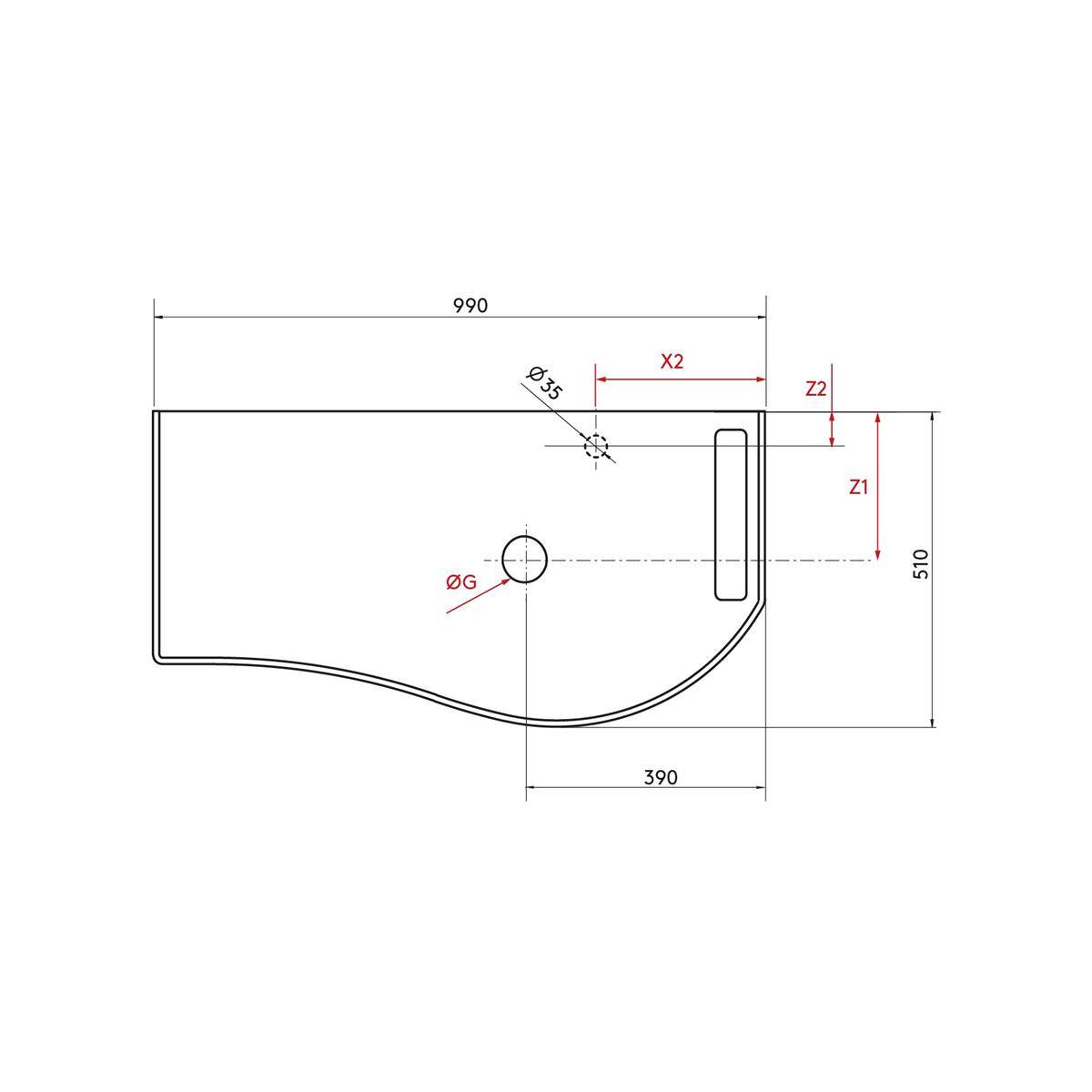Technische Zeichnung eines gebogenen rechteckigen Panels mit Ausschnitten, die Abmessungen von 990 × 510, einen Versatz von 390, ein Loch Ø35 und beschriftete Positionen X2, Z1 und Z2 zeigen.