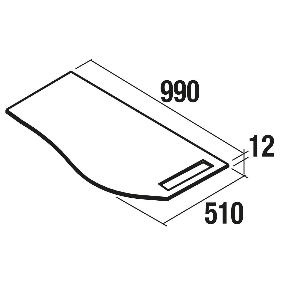 Bemaßte Zeichnung eines gekrümmten rechteckigen Panels mit einem kleinen Schlitz, beschriftet mit 990, 510 und 12.