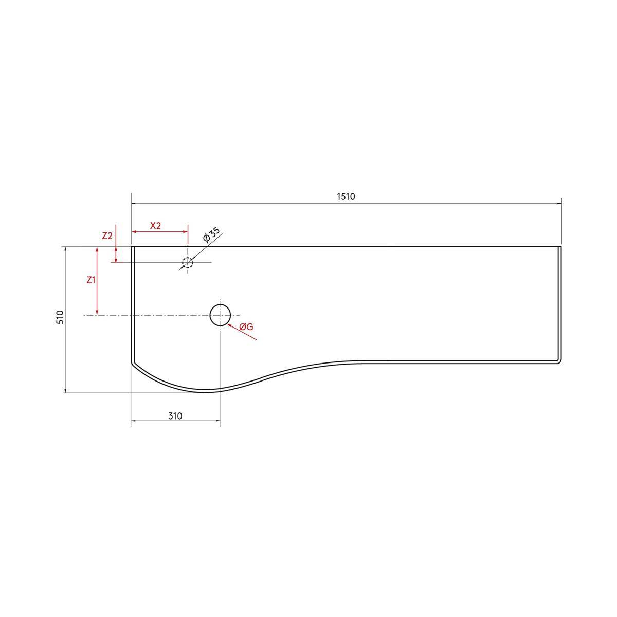 Technische Maßzeichnung einer flachen unregelmäßigen Platte, 1510 breit x 510 hoch, mit zwei Bohrungen und gekennzeichneten Abmessungen einschließlich X2, Z1, Z2, Ø35 und ØG.