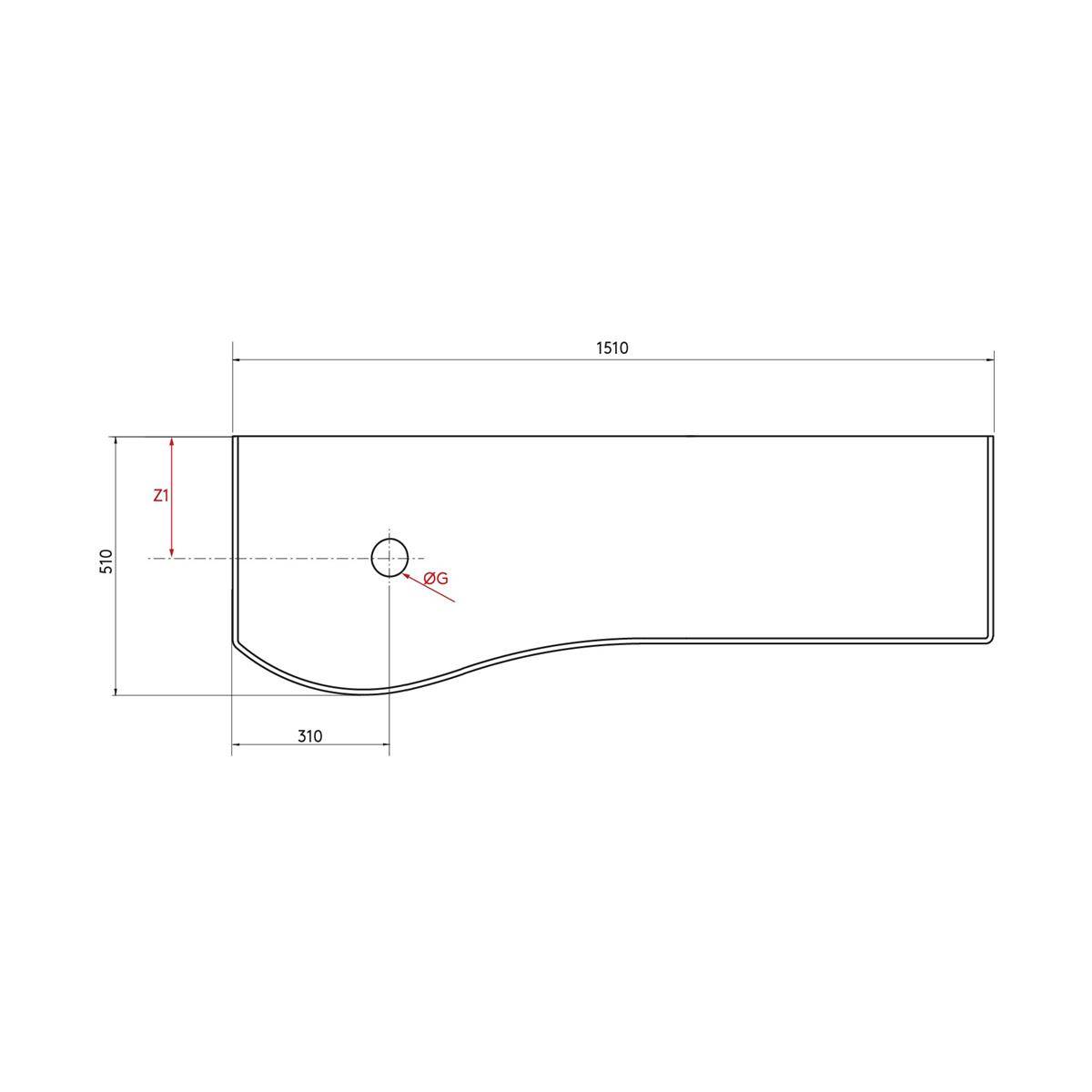 Technische Strichzeichnung eines rechteckigen Panels mit einer gekrümmten unteren linken Kante, die Abmessungen zeigt: 1510 Breite, 510 Höhe, 310 Basisversatz und eine gekennzeichnete Lochposition.