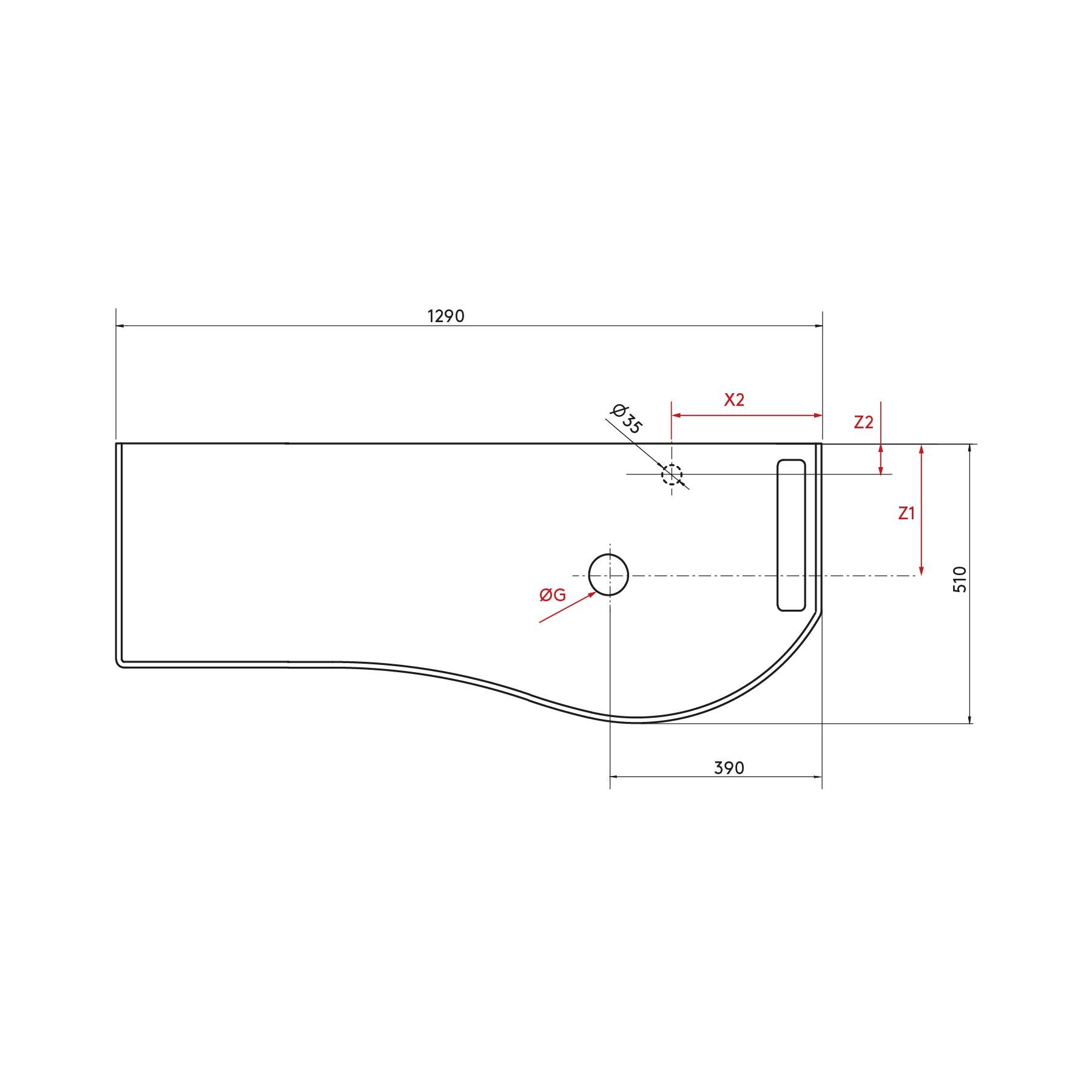 Technische Zeichnung eines mechanischen Bauteils mit beschrifteten Abmessungen: 1290 mm Länge, 510 mm Höhe, 390 mm Auskragung, ØG, Z1, Z2, X2.