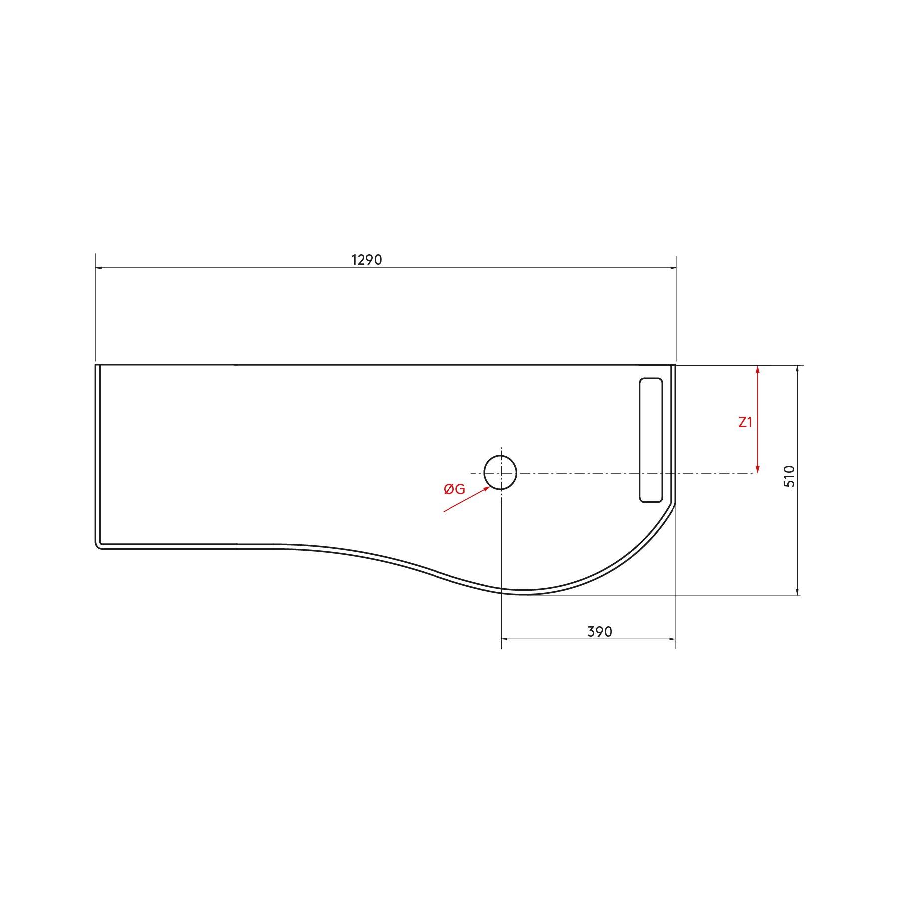 Eine technische Zeichnung, die ein rechteckiges Metallbauteil mit gekrümmter Basis zeigt. Abmessungen: 1290 mm Länge, 510 mm Höhe, 390 mm Basis. Kreisloch mit Beschriftung 