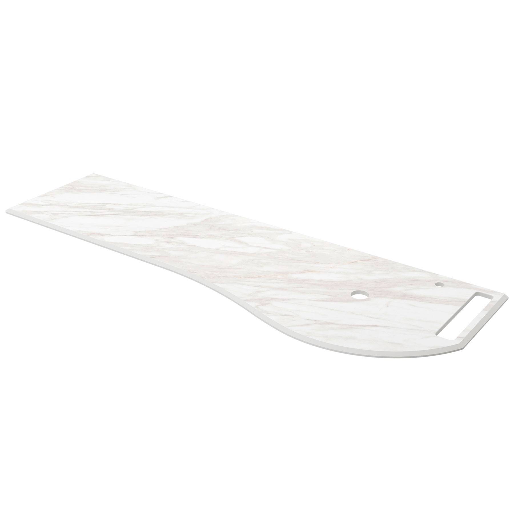 Kunststoff-Transferbrett mit Marmordesign, ausgestattet mit zwei Grifflöchern und einem Griff. Wird zur Unterstützung bei Patientenverlegungen verwendet.