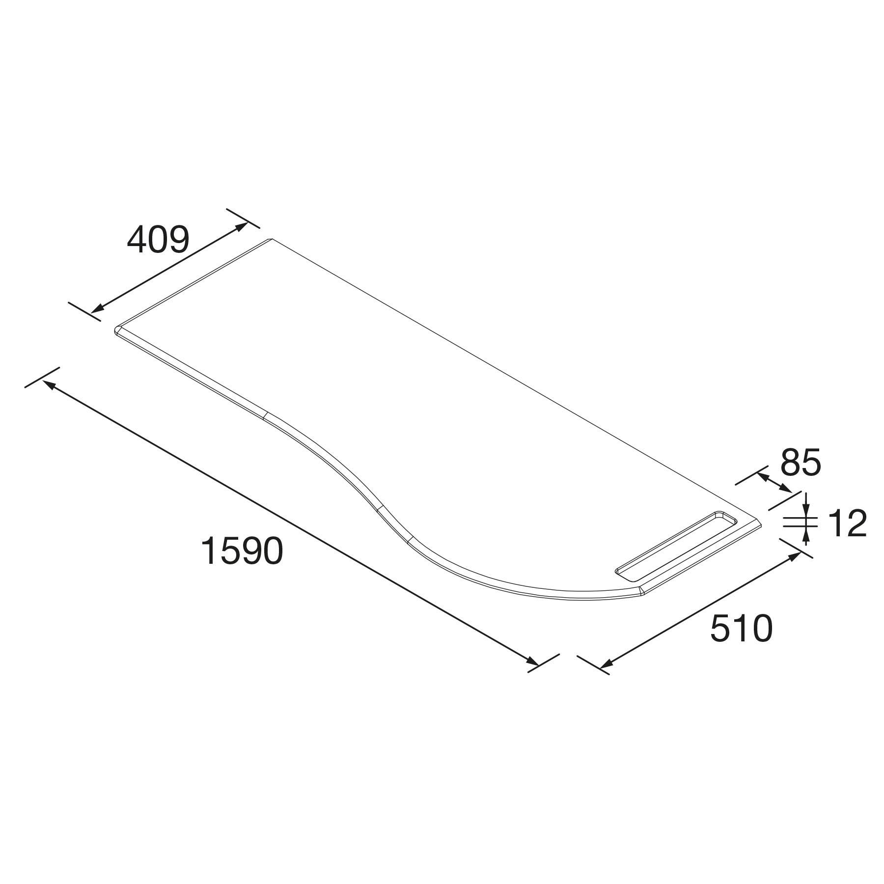 Technische Zeichnung einer geschwungenen Schreibtischoberfläche mit Maßen: Länge 1590 mm, Breite 510 mm, Tiefe 409 mm. Kantendetail: 85 mm mit einem 12 mm Element.