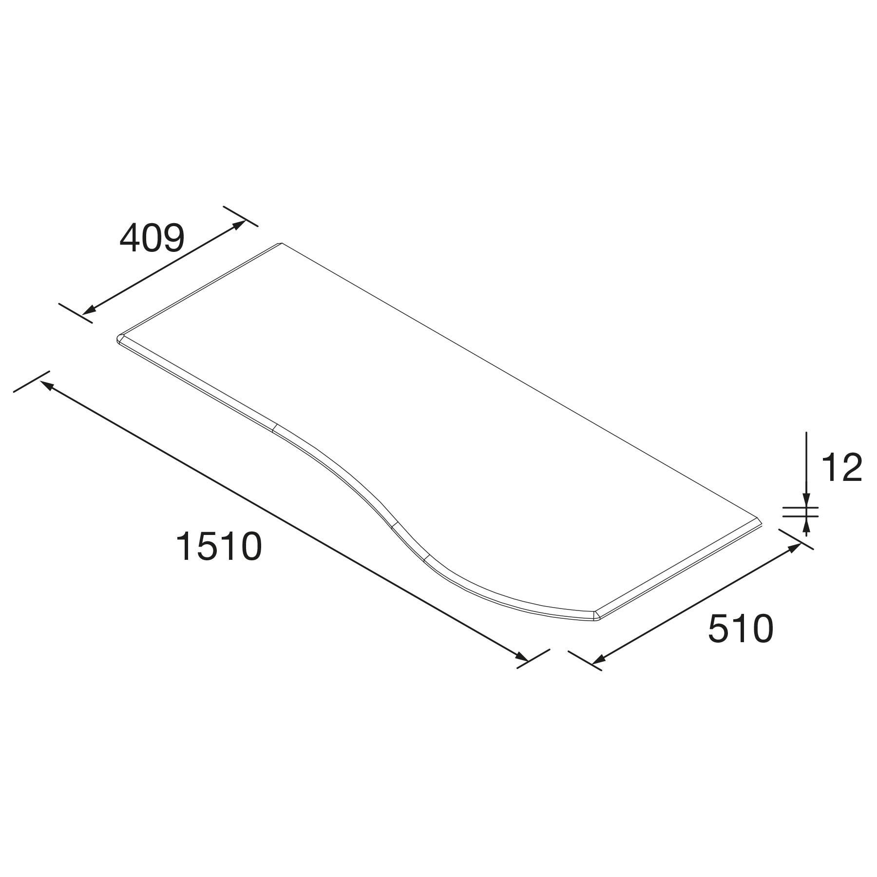Diagramm eines rechteckigen Objekts mit Abmessungen: 1510 mm lang, 510 mm breit, Kurven in der Mitte und einer Dicke von 12 mm. Zusätzliches seitliches Maß von 409 mm.