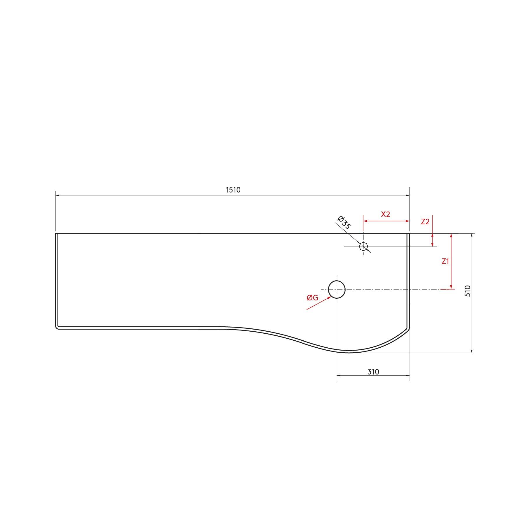 Blaupause einer tischartigen Struktur mit Abmessungen: Länge 1510 mm, Breite 510 mm, Aussparung bei 310 mm. Schlüsselmessungen gekennzeichnet.