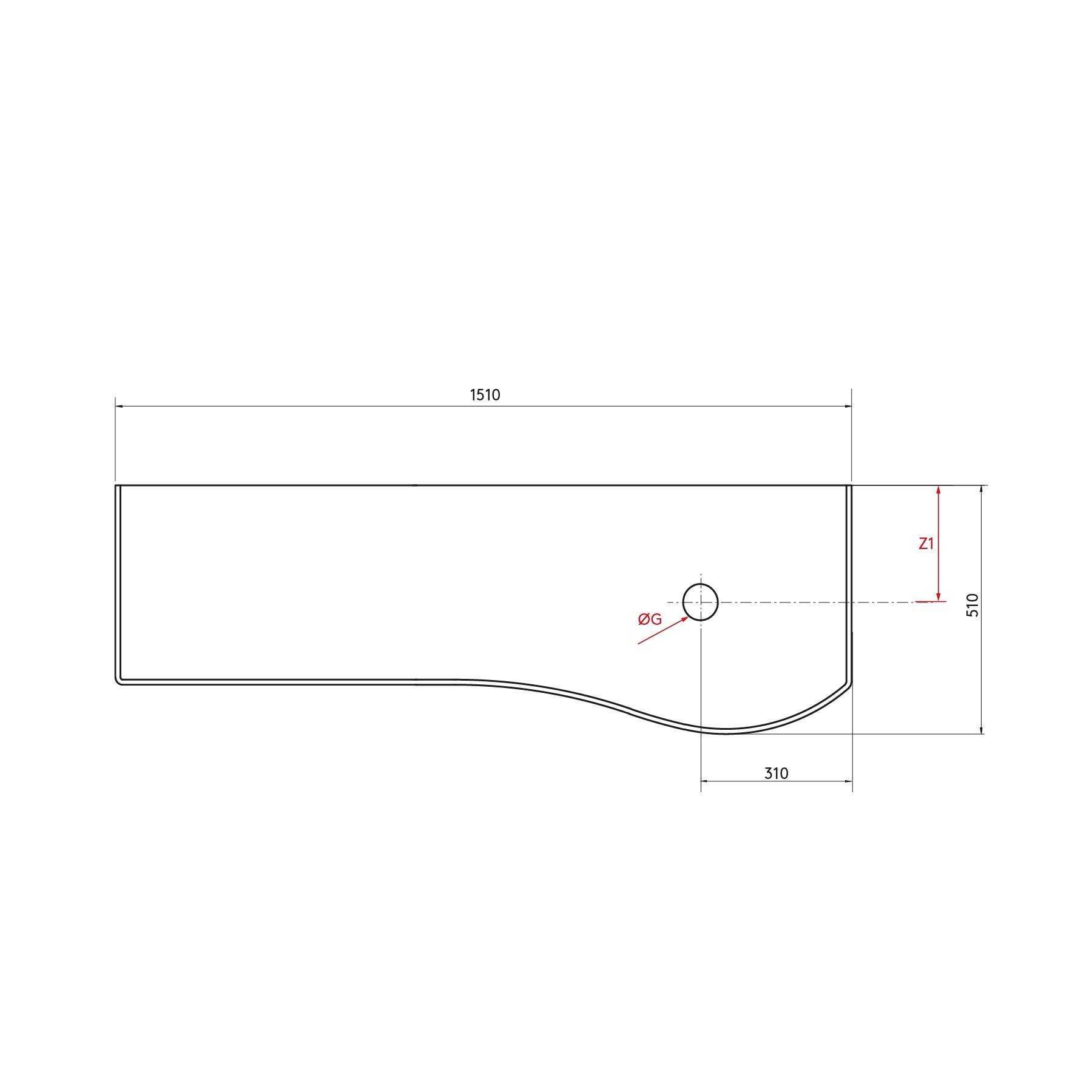Technische Zeichnung eines rechteckigen Hebels mit gekrümmtem Ende. Maße: Länge 1510 mm, Breite 510 mm, mit detaillierten Einzelmessungen.