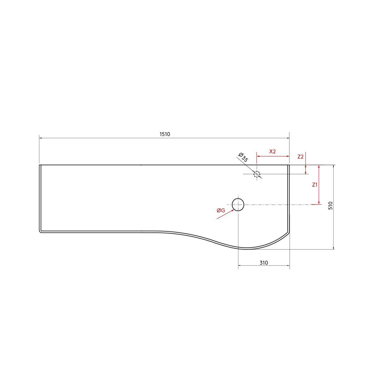Technische Zeichnung eines langen rechteckigen Teils mit einer gekrümmten Unterkante auf der rechten Seite, mit den Abmessungen 1510 x 510 und zwei markierten Bohrungen in der Nähe des rechten Endes.