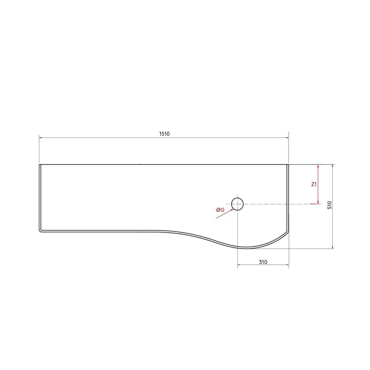 Technische Strichzeichnung eines rechteckigen Panels mit einer gekrümmten unteren rechten Kante und einem Kreisloch in der Nähe der rechten Seite, beschriftet mit den Abmessungen 1510, 510, 310, Z1 und ØG.