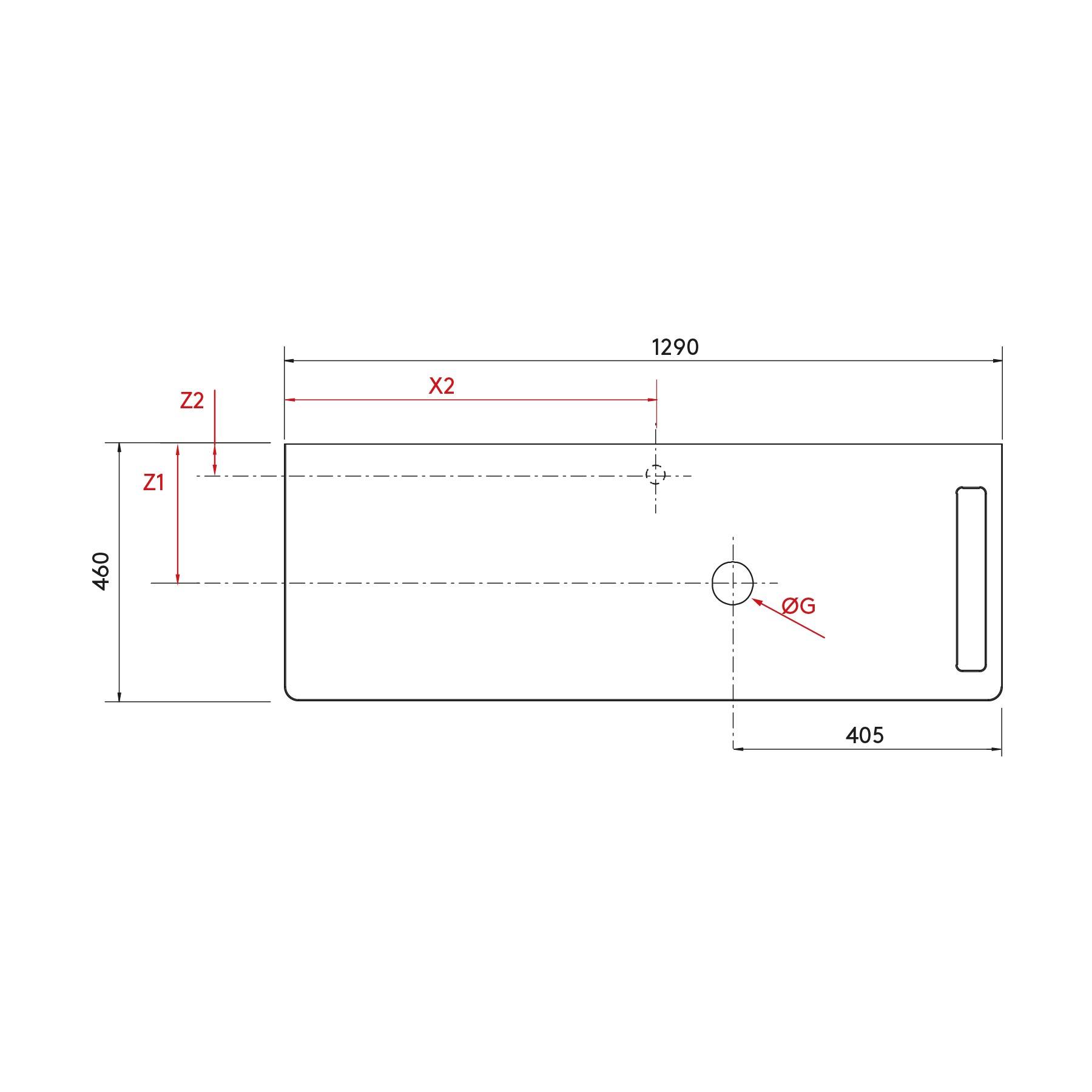Eine technische Zeichnung einer rechteckigen Platte mit Abmessungen: 1290 mm Länge, 460 mm Höhe. Lochdurchmesser gekennzeichnet als 'ØG'. Zusätzliche horizontale Dimension X2 und vertikale Dimensionen Z1 und Z2 markiert.