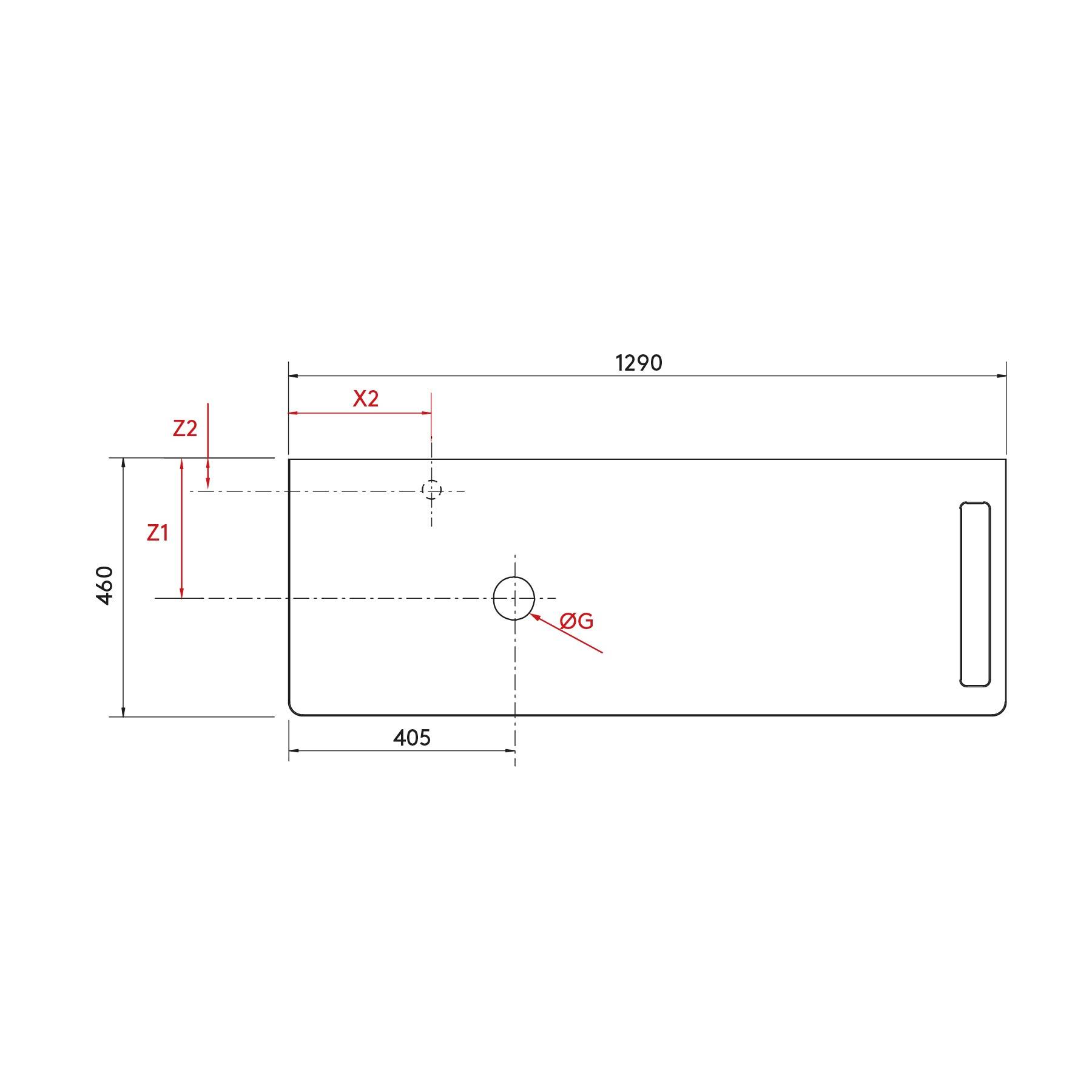 Technische Zeichnung eines rechteckigen Objekts mit Gesamtabmessungen von 1290x460 mm. Zeigt die Abstände X2, Z1, Z2 und ØG.