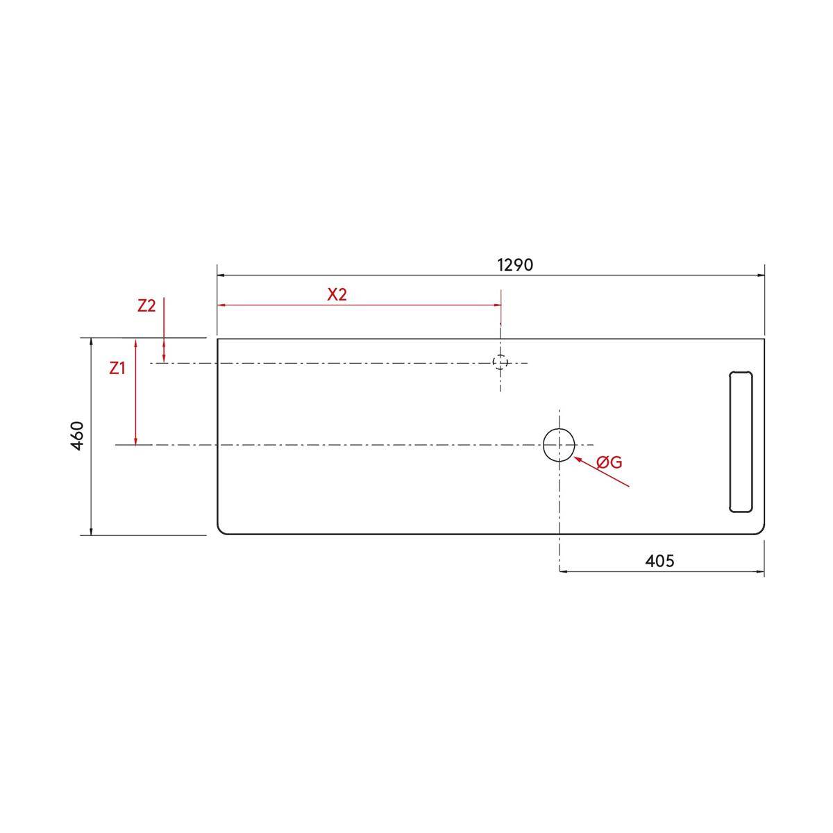 Maßstabgerechte technische Zeichnung eines gerundeten rechteckigen Panels mit den Abmessungen 1290 x 460, mit beschrifteten Lochpositionen X2, Z1, Z2, Ø6 und einem Schlitz auf der rechten Seite; 405 vom Loch bis zur rechten Kante.