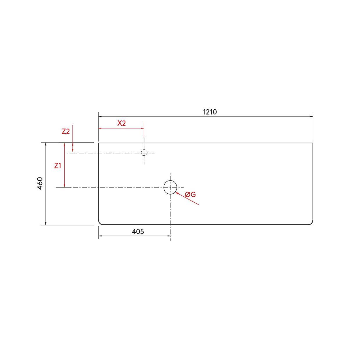 Technische Zeichnung eines rechteckigen Panels mit den Abmessungen 1210 x 460, mit einem Loch markiert als „ØG