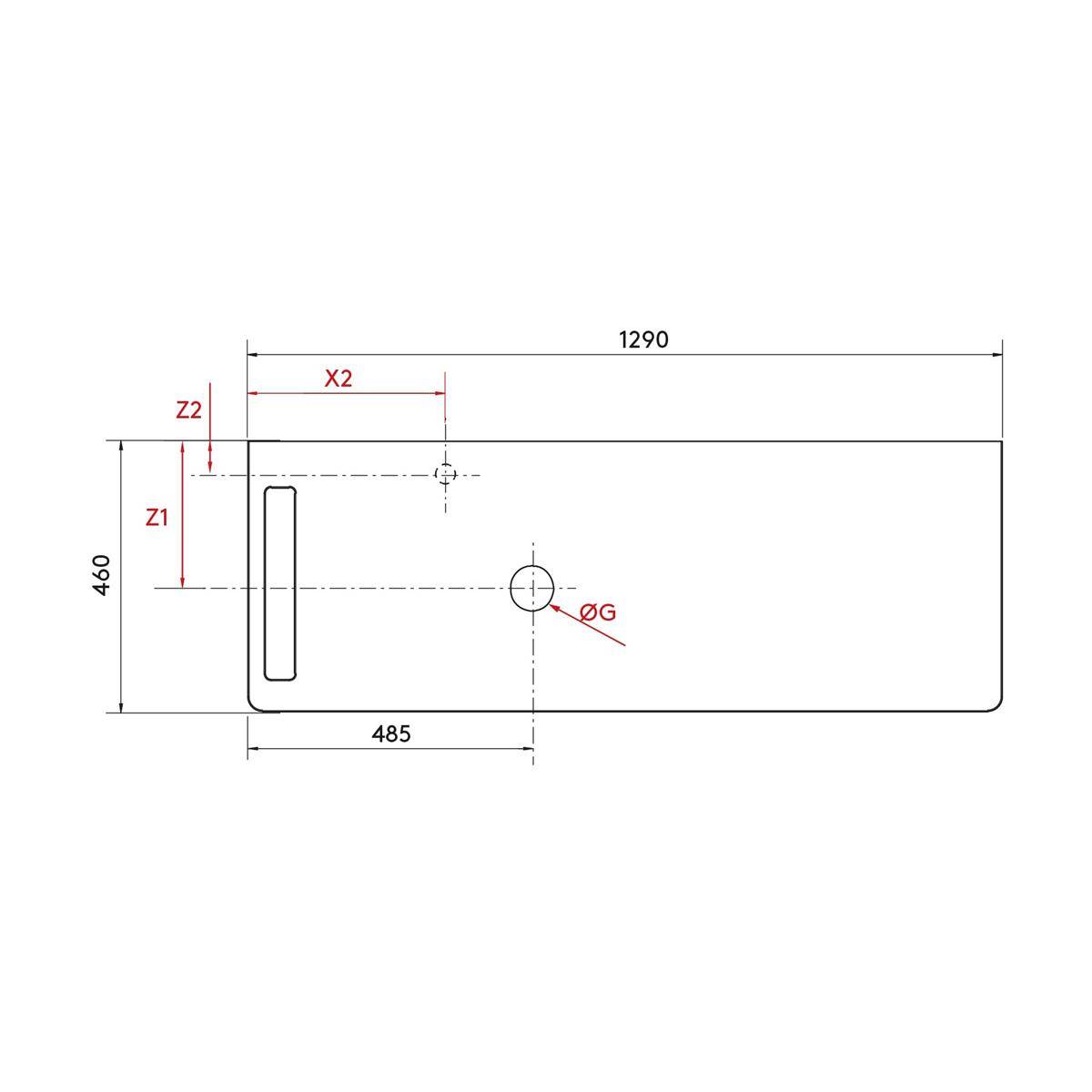 Technische Zeichnung eines rechteckigen Panels mit einem Schlitz auf der linken Seite und zwei markierten Löchern, mit den Abmessungen 1290 x 460 und beschrifteten Messungen X2, Z1, Z2, 485 und ØG.