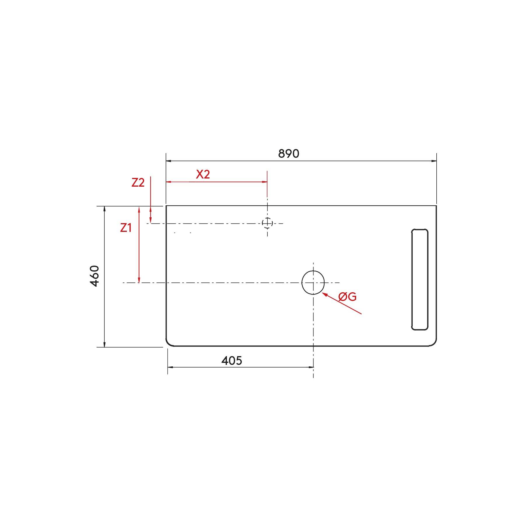 Technische Zeichnung eines Aufsatzbeckens, Abmessungen 890x460 mm, mit Markierungen für Wasserhahn und Waschbecken. Linien kennzeichnen spezifische Maßangaben.