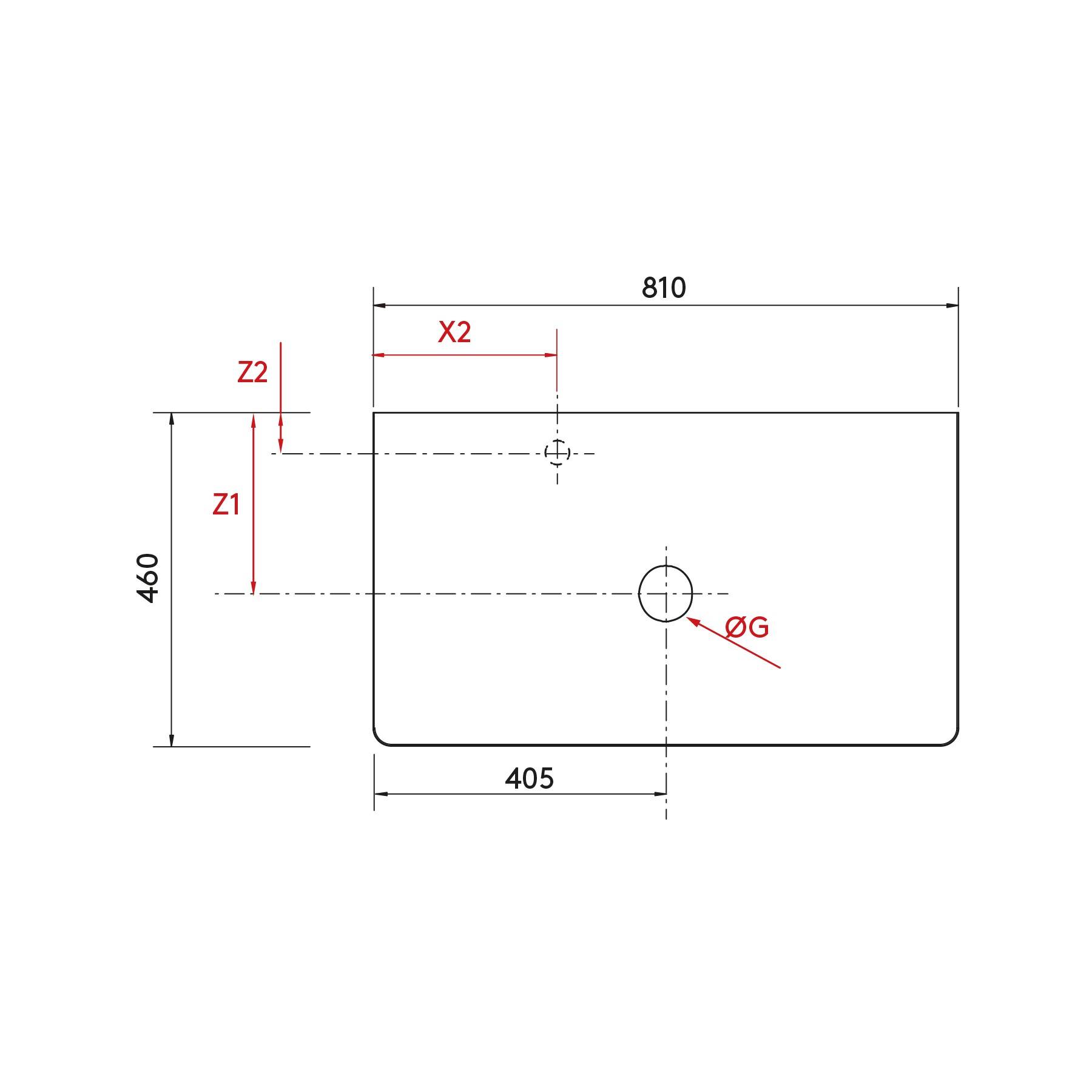 Technische Zeichnung eines rechteckigen Waschbeckens, Abmessungen 810x460mm, mit Mittelpunkten für Armatur (Z1, Z2) und Ablauf (∅G) gekennzeichnet.