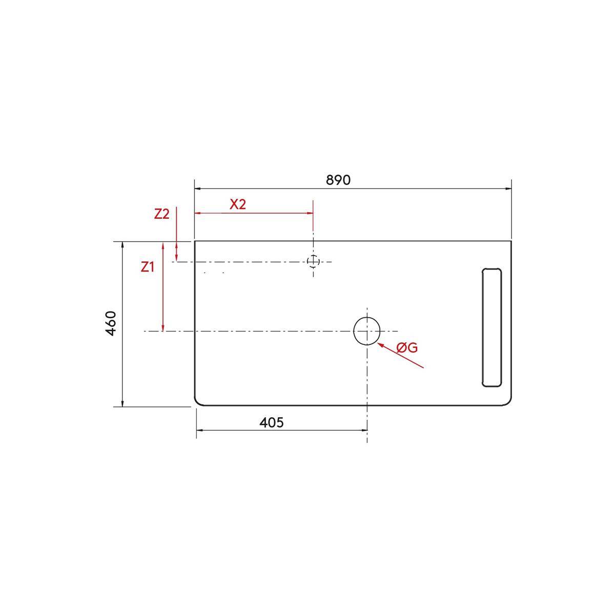Technische Zeichnung eines rechteckigen Panels mit Gesamtabmessungen von 890 x 460 und gekennzeichneten Maßen X2, Z1, Z2 und ØG für die Lochplatzierung.