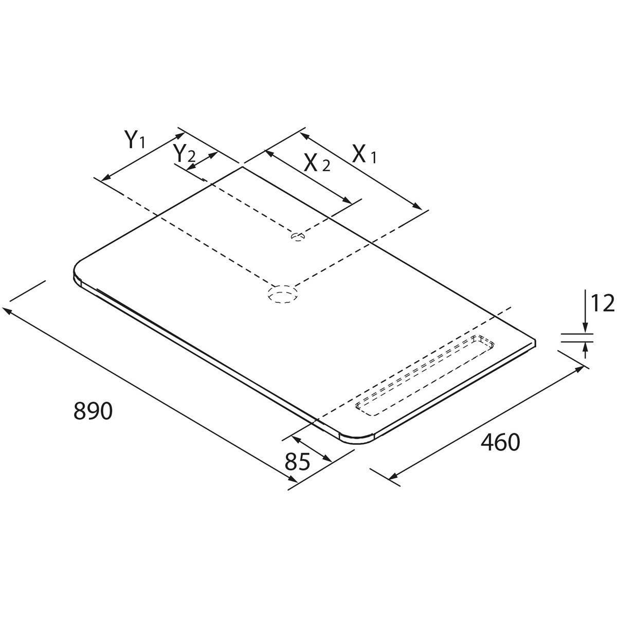 Isometrische Maßstabzeichnung eines abgerundeten rechteckigen Panels mit einer Gesamtgröße von 890 x 460 und einer Dicke von 12, mit markierten Versätzen X1, X2, Y1 und Y2 sowie Ausschnittpositionen.