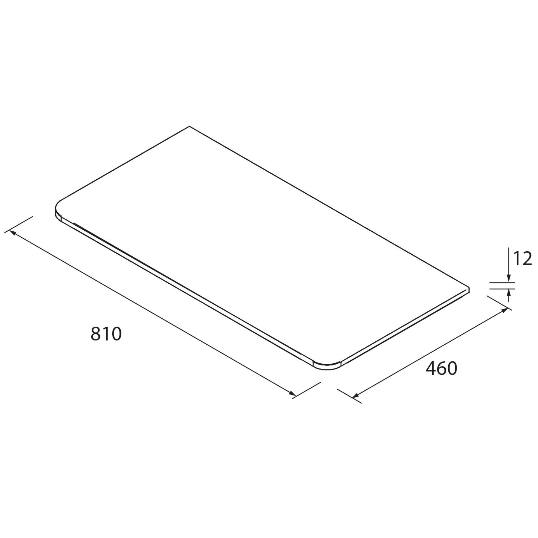 Eine technische Zeichnung zeigt eine rechteckige Platte mit den Abmessungen: 810 mm Länge, 460 mm Breite und 12 mm Dicke.